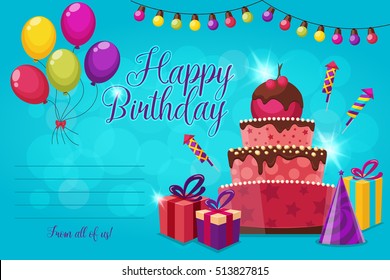 Invitation for birthday party with festive cake garland lights and balloons on glowing blue background vector illustration