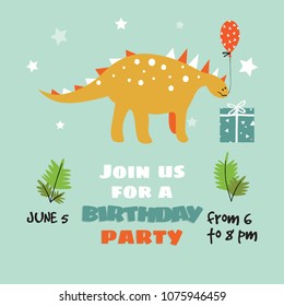 Invitation for a Birthday party with funny cartoon dionosaur.  Cute vector illustartion.