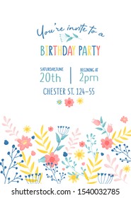 Invitation To Birthday Party In Pastel Colors And Floral Design Vector Illustration