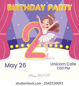 Invitation for Birthday Party with pretty ballerina girl in white dress dancing on stage. Ballerina with number 2. Poster, Banner, Flyer, Greeting Card. Vector illustration in flat cartoon style