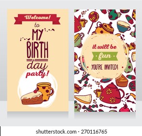invitation for birthday party, sweets and coffee background, vector illustration