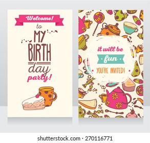 invitation for birthday party, sweets and coffee background, vector illustration