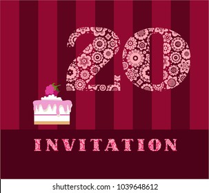 The invitation to the birthday party. Wedding anniversary. Color card. Cake with raspberries. 