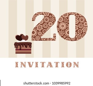 The invitation to the birthday party. Wedding anniversary. Color card. Chocolate cake with hearts. 