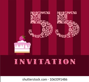 The invitation to the birthday party. Wedding anniversary. Color card. Berry cake with raspberries on a striped, dark red field. 