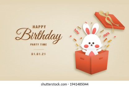 Invitation Birthday Rabbit Greeting Card With A Cute Animal. Party Animals Celebrate Children's Birthday And Template Invitation Paper Art Style Vector Illustration.
