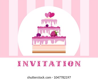 Invitation for birthday, wedding. A holiday, a family celebration. Cake with berries and two hearts on pink, striped background. Vector picture. 