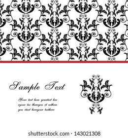 Invitation with black damask pattern for invitation, backdrop, card, brochure, banner, border, wallpaper. Vector eps10, illustration.