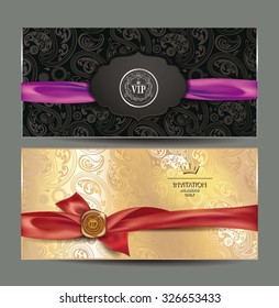 Invitation black and gold cards with silk ribbons