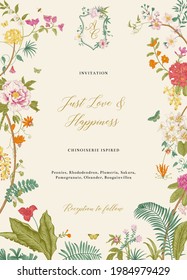 Invitación. Bloom. Tarjeta de matrimonio. Ilustración floral vintage 