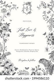 Invitación. Bloom. Tarjeta de matrimonio. Ilustración floral vintage. Negro y blanco