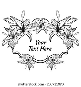 Invitation border with lilies for wedding. Blach and white silhouette.