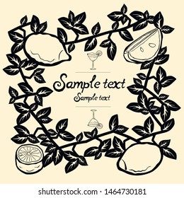 invitation branches with leaves collected in a wreath and lemons with slices, text and lemon cocktail by the middle