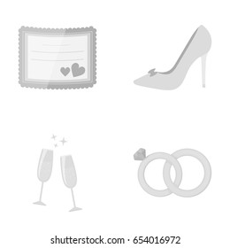 Invitation, bride s shoes, champagne glasses, wedding rings. Wedding set collection icons in monochrome style vector symbol stock illustration web.