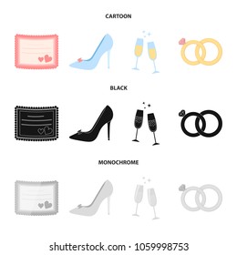 Invitation, bride shoes, champagne glasses, wedding rings. Wedding set collection icons in cartoon,black,monochrome style vector symbol stock illustration web.
