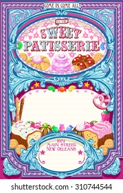 Einladungsbroschüre mit Süßigkeiten. Vintage-Vektorillustration-Vorlage. Hintergrund mit süßen Geleebohnen-Dessertkuchen 