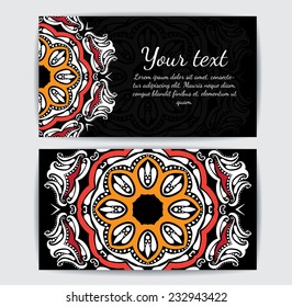 Invitation, business card or banner with text template. Round floral vector ornament. Lace. National pattern.