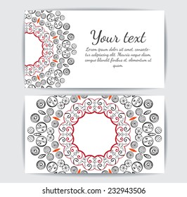 Invitation, business card or banner with text template. Round floral vector ornament. Lace. National pattern.