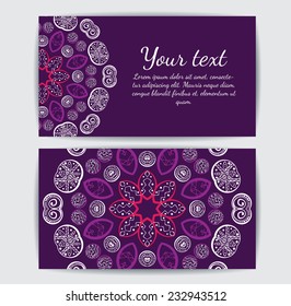Invitation, business card or banner with text template. Round floral vector ornament. Lace. National pattern.