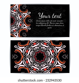 Invitation, business card or banner with text template. Round floral vector ornament. Lace. National pattern.