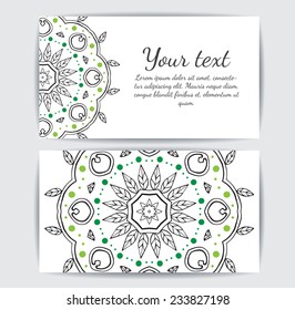 Invitation, business card or banner with text template. Round floral vector ornament. Lace. National pattern.