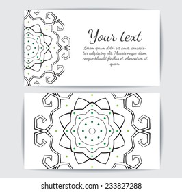 Invitation, business card or banner with text template. Round floral vector ornament. Lace. National pattern.