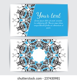 Invitation, business card or banner with text template. Round floral vector ornament. Lace. National pattern.