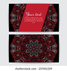 Invitation, business card or banner with text template. Round floral vector ornament. Lace. National pattern.