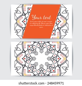 Invitation, business card or banner with text template. Round floral vector ornament. Lace. National pattern.
