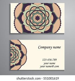 Invitation, business card or banner with text template. Round floral vector ornament. Lace. National pattern. Islam, Arabic, Indian, turkish, pakistan, chinese, ottoman motifs.