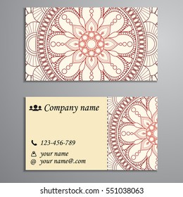 Invitation, business card or banner with text template. Round floral vector ornament. Lace. National pattern. Islam, Arabic, Indian, turkish, pakistan, chinese, ottoman motifs.