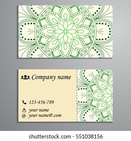 Invitation, business card or banner with text template. Round floral vector ornament. Lace. National pattern. Islam, Arabic, Indian, turkish, pakistan, chinese, ottoman motifs.