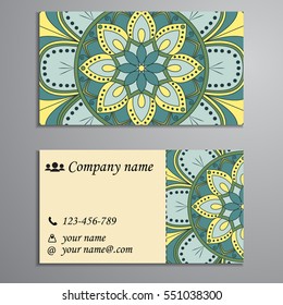 Invitation, business card or banner with text template. Round floral vector ornament. Lace. National pattern. Islam, Arabic, Indian, turkish, pakistan, chinese, ottoman motifs.