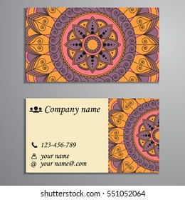 Invitation, business card or banner with text template. Round floral vector ornament. Lace. National pattern. Islam, Arabic, Indian, turkish, pakistan, chinese, ottoman motifs.