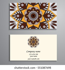 Invitation, business card or banner with text template. Round floral vector ornament. Lace. National pattern. Islam, Arabic, Indian, turkish, pakistan, chinese, ottoman motifs.