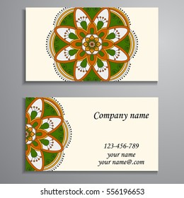 Invitation, business card or banner with text template. Round floral vector ornament. Lace. National pattern. Islam, Arabic, Indian, turkish, pakistan, chinese, ottoman motifs.