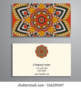 Invitation, business card or banner with text template. Round floral vector ornament. Lace. National pattern. Islam, Arabic, Indian, turkish, pakistan, chinese, ottoman motifs.