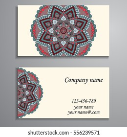 Invitation, business card or banner with text template. Round floral vector ornament. Lace. National pattern. Islam, Arabic, Indian, turkish, pakistan, chinese, ottoman motifs.