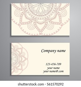 Invitation, business card or banner with text template. Round floral vector ornament. Lace. National pattern. Islam, Arabic, Indian, turkish, pakistan, chinese, ottoman motifs.