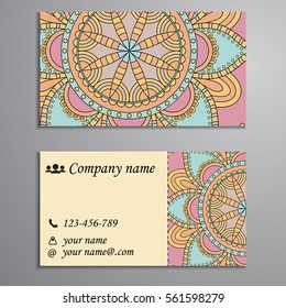 Invitation, business card or banner with text template. Round floral vector ornament. Lace. National pattern. Islam, Arabic, Indian, turkish, pakistan, chinese, ottoman motifs.