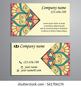 Invitation, business card or banner with text template. Round floral vector ornament. Lace. National pattern. Islam, Arabic, Indian, turkish, pakistan, chinese, ottoman motifs.