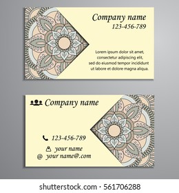 Invitation, business card or banner with text template. Round floral vector ornament. Lace. National pattern. Islam, Arabic, Indian, turkish, pakistan, chinese, ottoman motifs.