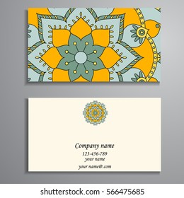 Invitation, business card or banner with text template. Round floral vector ornament. Lace. National pattern. Islam, Arabic, Indian, turkish, pakistan, chinese, ottoman motifs.