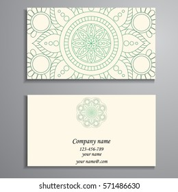Invitation, business card or banner with text template. Round floral vector ornament. Lace. National pattern. Islam, Arabic, Indian, turkish, pakistan, chinese, ottoman motifs.