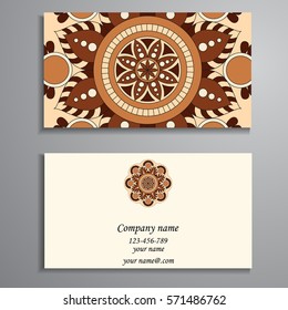 Invitation, business card or banner with text template. Round floral vector ornament. Lace. National pattern. Islam, Arabic, Indian, turkish, pakistan, chinese, ottoman motifs.