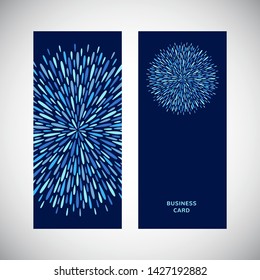 Invitation, business card design. Celebration, holiday vector layout. Round radial shape, circle made of uneven sparks, rays, long paint drops, icicles, frozen water droplets. Blue colors decoration