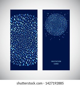Invitation, business card design. Celebration, holiday vector layout. Round radial shape, circle made of uneven water drops, droplets, raindrops, tears, spatter, splatter. Blue colors decoration.