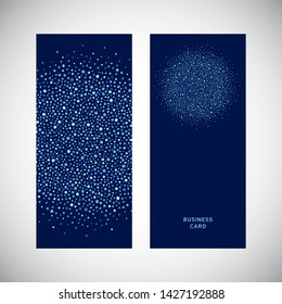 Invitation, business card design. Celebration, holiday vector layout. Round shape, circle made of uneven dots of various size, blobs, spots, beads, specks, flecks. Blue colors dotty pattern decoration