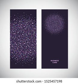Invitation, business card dotty design. Celebration, holiday vector layout. Magic dark violet, purple, lilac decoration. Round shape, circle made of uneven dots, blobs, spots, beads, specks, flecks.