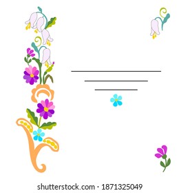 Invitation, business card, postcard, hand drawn bell, purple and pink sweet pea, pansy, azure wildflowers, separate elements for printing on a white background